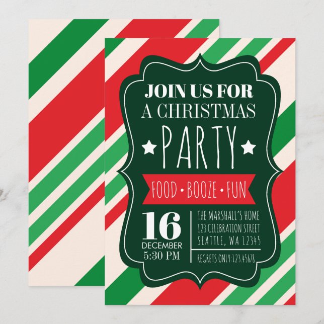 Rote und grüne Streifen Weihnachts-Party Einladung (Vorne/Hinten)