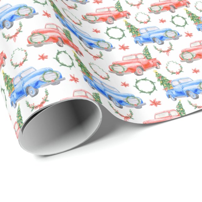 Rote und grüne Wasserfahrzeuge mit Weihnachtsbäume Geschenkpapier (Rolleneckpunkt)