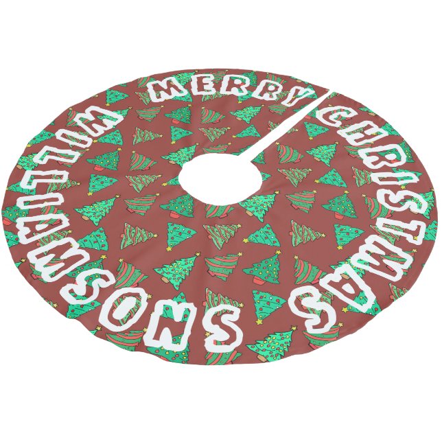 Rote und grüne Weihnachtsbaummuster | Familienname Polyester Weihnachtsbaumdecke (Schrägansicht)