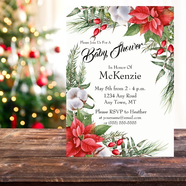 Rote und grüne Weihnachtsdusche Poinsettia Einladung (Modern Poinsettia Baby Shower Invitation in Shades of Red, Green, and White)