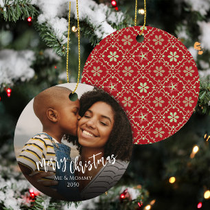 Rote und grüne Weihnachtsfamilie Foto Custom Keramik Ornament