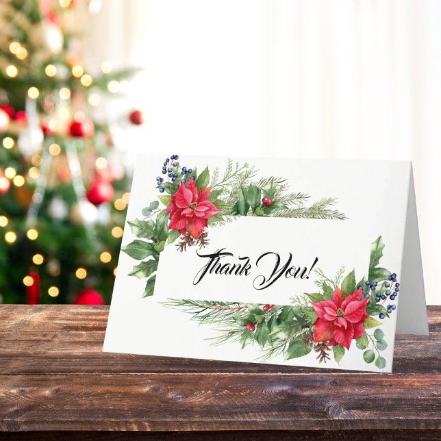 Rote und grüne Weihnachtsfeindlichkeit Dankeskarte (Festive gratitude! Christmas Baby Shower Thank You Card with poinsettias and greenery.)
