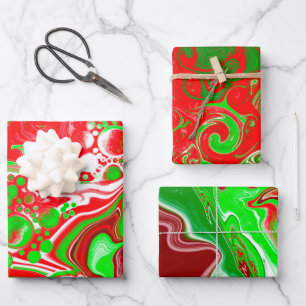 Rote und grüne Weihnachtsfische Wirbel Marmor Geschenkpapier Set