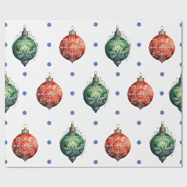 Rote und grüne Weihnachtsschmuck auf Weiß Geschenkpapier (Flach)