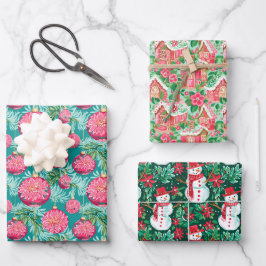 Rote und grüne Weihnachtsschmuck & Snowmen Geschenkpapier Set