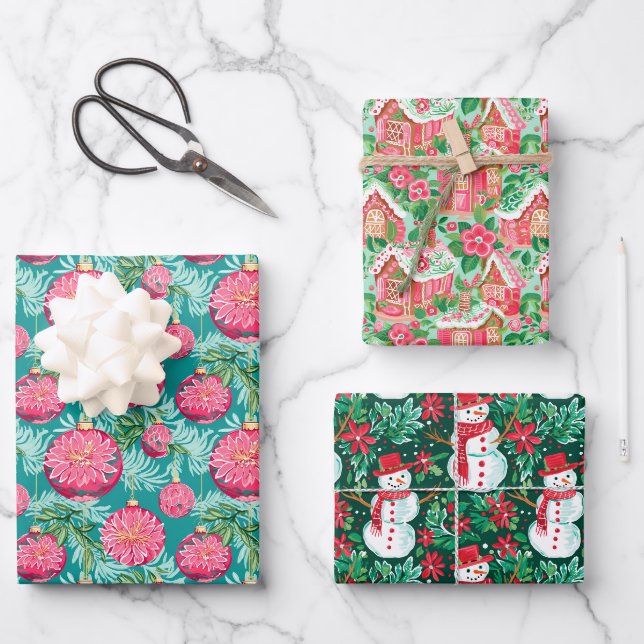Rote und grüne Weihnachtsschmuck & Snowmen Geschenkpapier Set (Vorderseite)