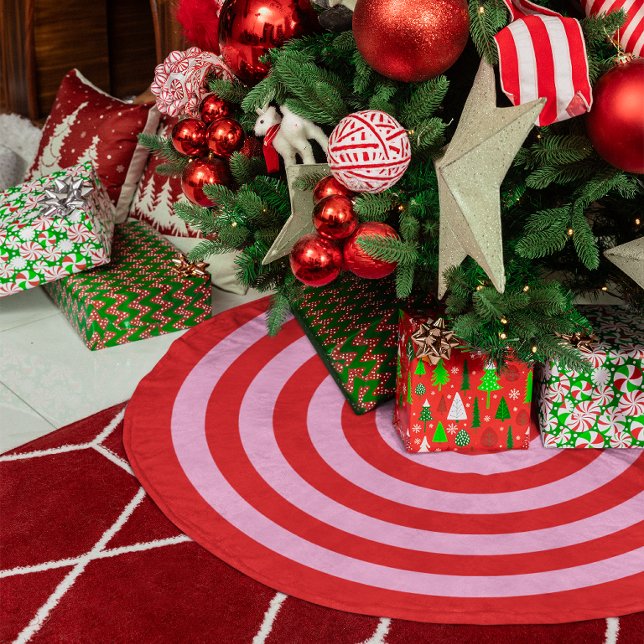 Rote und hellrosa Ringmuster Polyester Weihnachtsbaumdecke (Red and Light Pink Rings Pattern Brushed Polyester Tree Skirt)
