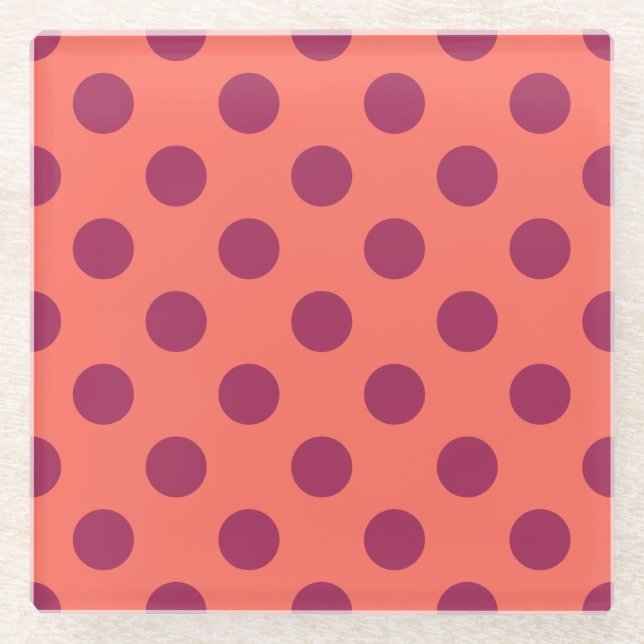 Rote und lebende Korallenpolka-Punkte Glasuntersetzer (Vorderseite)