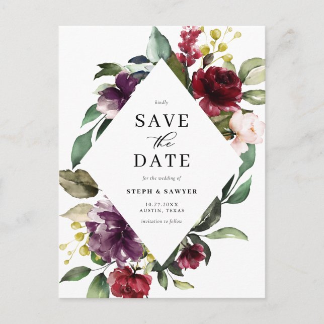 Rote und Lila Blumenrahmen Save the Date Ankündigungspostkarte (Vorderseite)