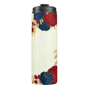 rote und marineblaue Blumen goldene Blätter  Thermosbecher