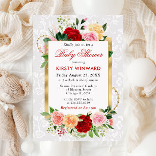 Rote und Orange Rosen Blumen Gold Babyparty Einladung