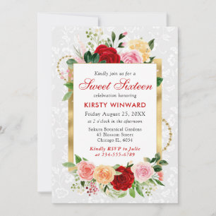 Rote und Orange Rosen Blumen Goldfolie Sweet 16 Einladung