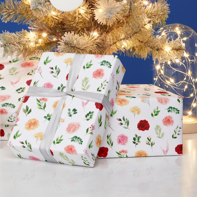 Rote und orangefarbene Blume mit Blattmuster Geschenkpapier (Feiertage)