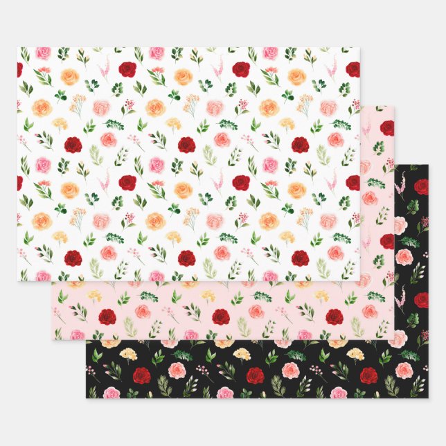 Rote und orangefarbene Blumen mit Blattmuster Geschenkpapier Set (Set)