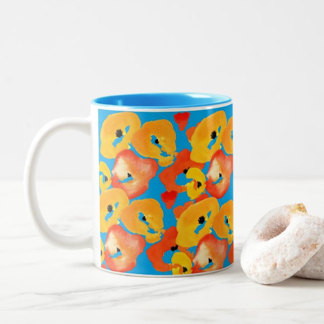 Rote und orangefarbene Mohnblumen Zweifarbige Tasse (Mit Donut)