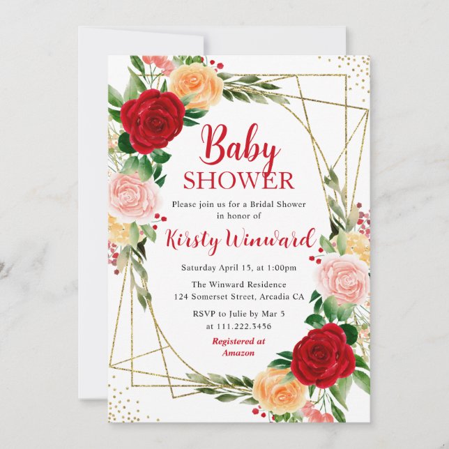 Rote und orangefarbene Rose und Goldrahmen-Babydus Einladung (Vorderseite)