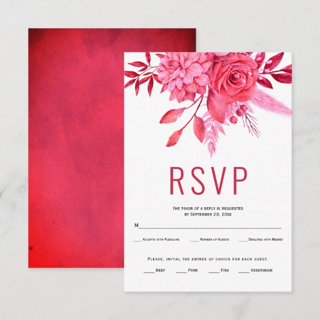 Rote und rosa Blume und Blätter Hochzeit RSVP Karte (Vorne/Hinten)