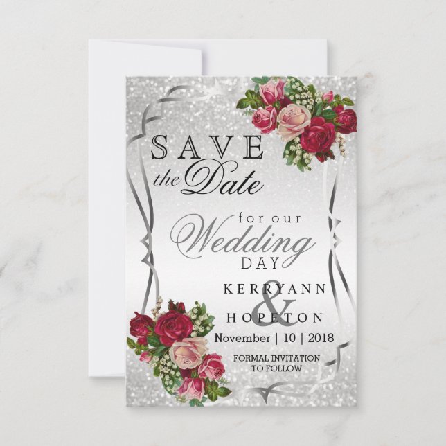 Rote und rosa Blume und Silberner Glitzer Save The Date (Vorderseite)