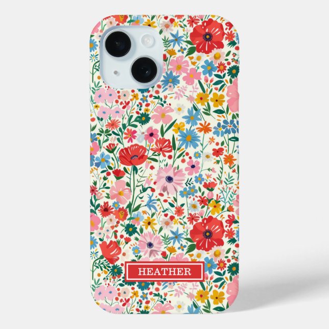 Rote und rosa Ditsy-Blumen monogrammiert Case-Mate iPhone Hülle (Rückseite)