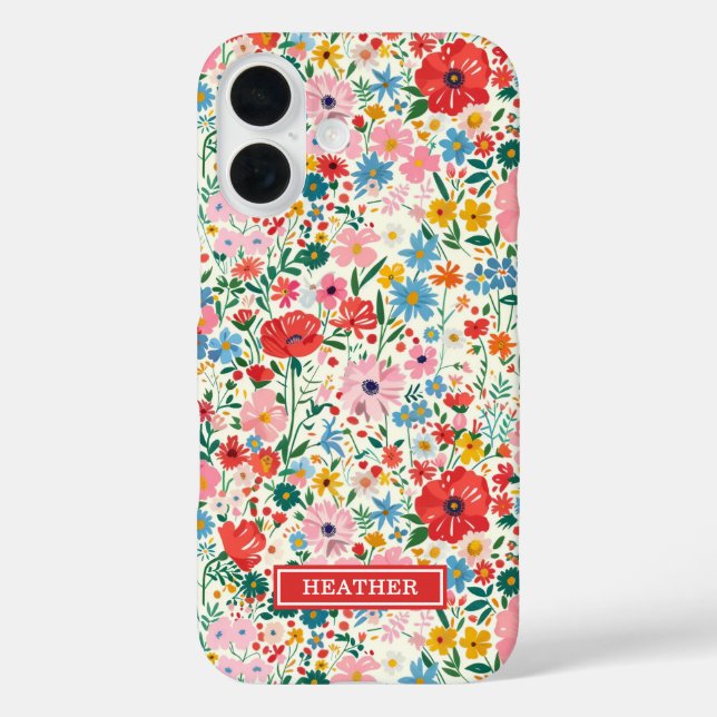 Rote und rosa Ditsy-Blumen monogrammiert iPhone 16 Hülle (Rückseite)