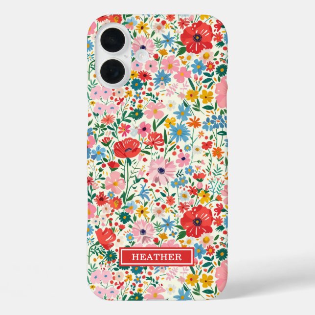 Rote und rosa Ditsy-Blumen monogrammiert iPhone 16 Plus Hülle (Rückseite)