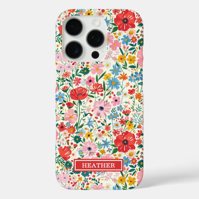 Rote und rosa Ditsy-Blumen monogrammiert iPhone 16 Pro Hülle (Rückseite)
