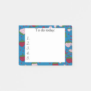 Rote und rosa Erdbeeren auf Blaue Post - Anmerkung Post-it Klebezettel