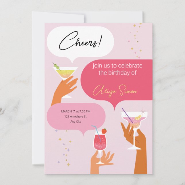 Rote und rosa Illustrative Geburtstagsparty Einladung (Vorderseite)