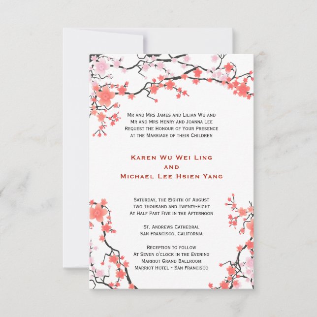 Rote und rosa Kirschblüten Orientalische Hochzeit Einladung (Vorderseite)