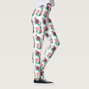 Rote und rosa Rosa mit grünen Blätter Wasserfarbe  Leggings