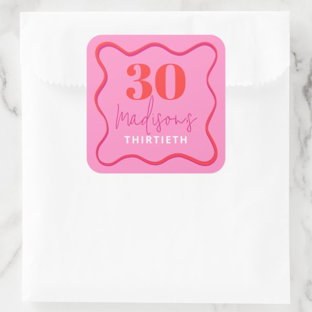 Rote und rosa Wave Border 30. Geburtstag Quadratischer Aufkleber (Tasche)