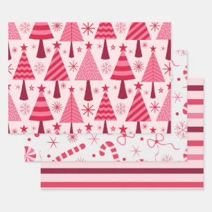 Rote und rosa Weihnachtsbäume, Süßigkeiten und Str Geschenkpapier Set