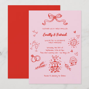 Rote und rosa weißliche Retro-Doodle-Hochzeit Einladung