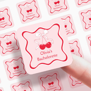 Rote und rosa wellige Schleife Kirsche auf dem Fav Quadratischer Aufkleber