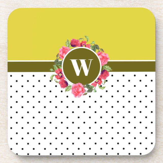 Rote und rosafarbene Blume Wreath Polka Dots Getränkeuntersetzer (Vorderseite)