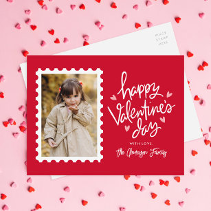 Rote und rosafarbene Herzen Briefmarke Foto Valent Feiertagspostkarte