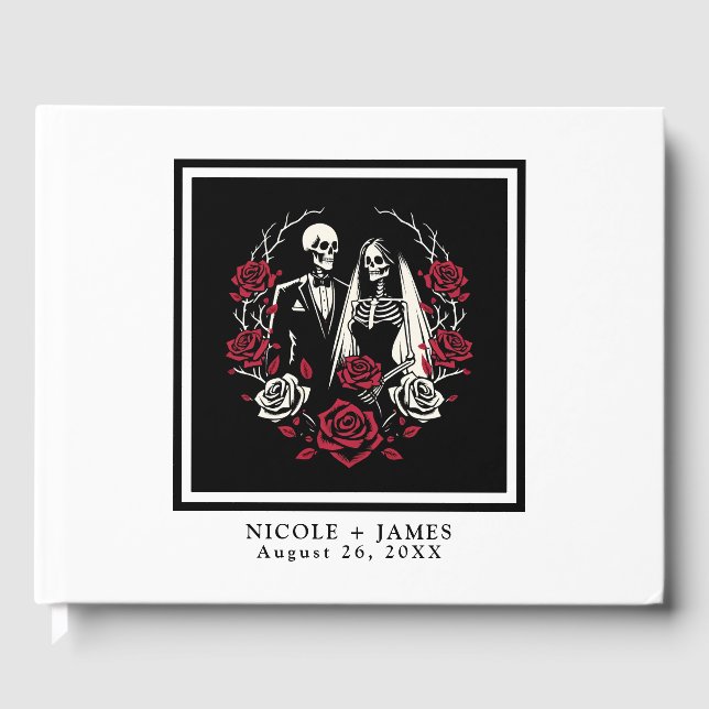 Rote und Schwarz-weiße Rose Skeleton Couple Weddin Gästebuch (Vorderseite)