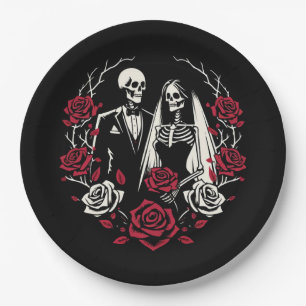 Rote und Schwarz-weiße Rose Skeleton Couple Weddin Pappteller