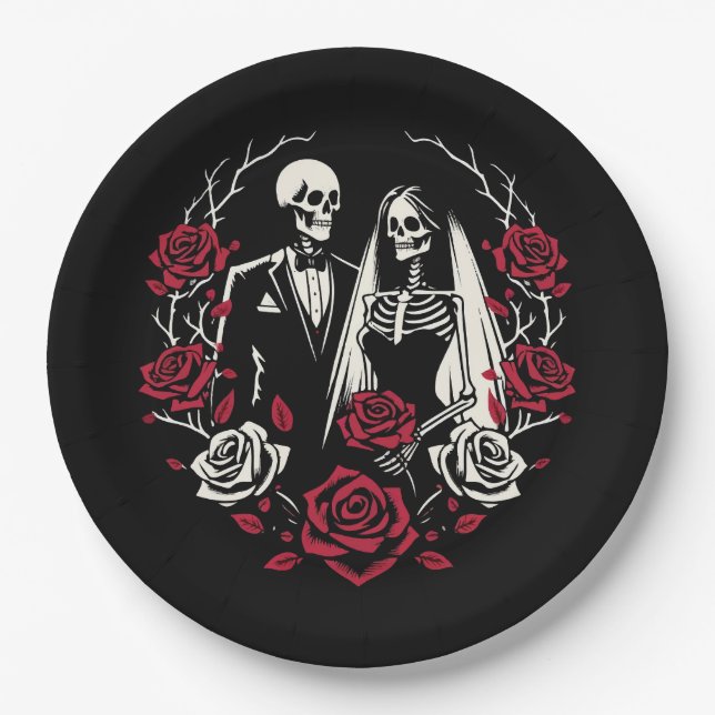 Rote und Schwarz-weiße Rose Skeleton Couple Weddin Pappteller (Vorderseite)