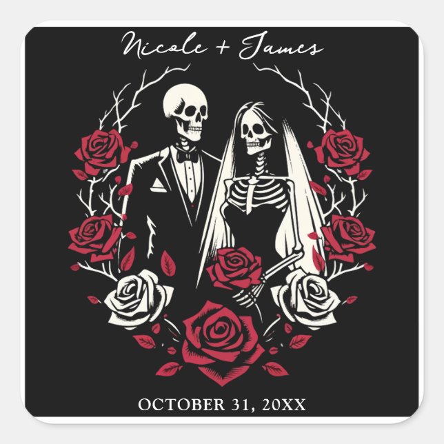 Rote und Schwarz-weiße Rose Skeleton Couple Weddin Quadratischer Aufkleber (Vorderseite)