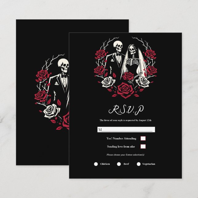 Rote und Schwarz-weiße Rose Skeleton Wedding RSVP Einladung (Vorne/Hinten)