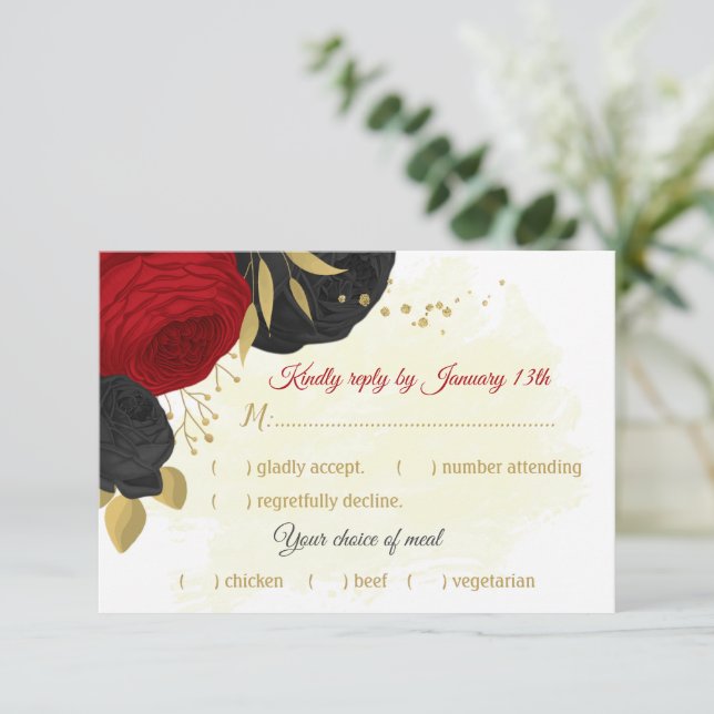 Rote und schwarze Blume Auswahl an botanischen Ger RSVP Karte (Stehend Vorderseite)