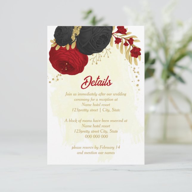 Rote und schwarze Blume, botanische Hochzeit Begleitkarte (Stehend Vorderseite)