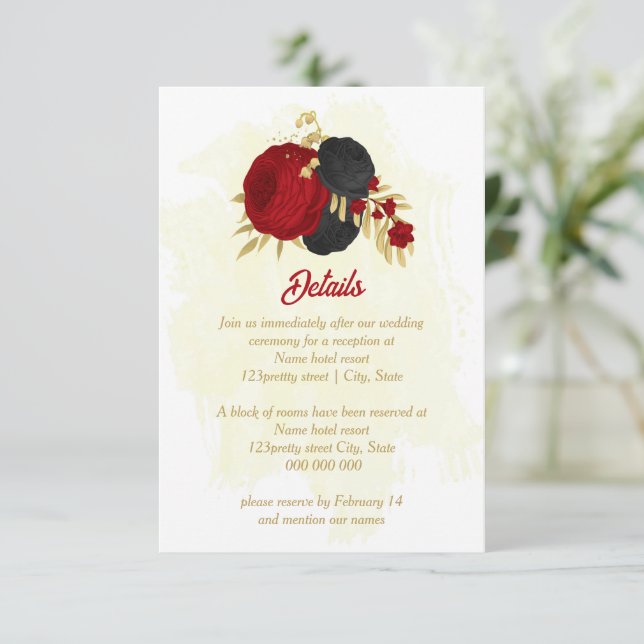 Rote und schwarze Blume, botanische Hochzeit Begleitkarte (Stehend Vorderseite)
