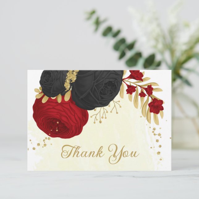 Rote und schwarze Blume, botanische Hochzeit Dankeskarte (Stehend Vorderseite)