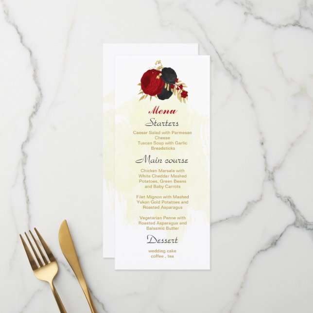 Rote und schwarze Blume, botanische Hochzeit Menükarte (Vorderseite/Rückseite Beispiel)