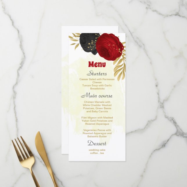 Rote und schwarze Blume, botanische Hochzeit Menükarte (Vorderseite/Rückseite Beispiel)