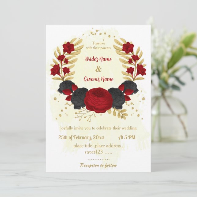 Rote und schwarze Blume Goldhochzeit Einladung (Stehend Vorderseite)