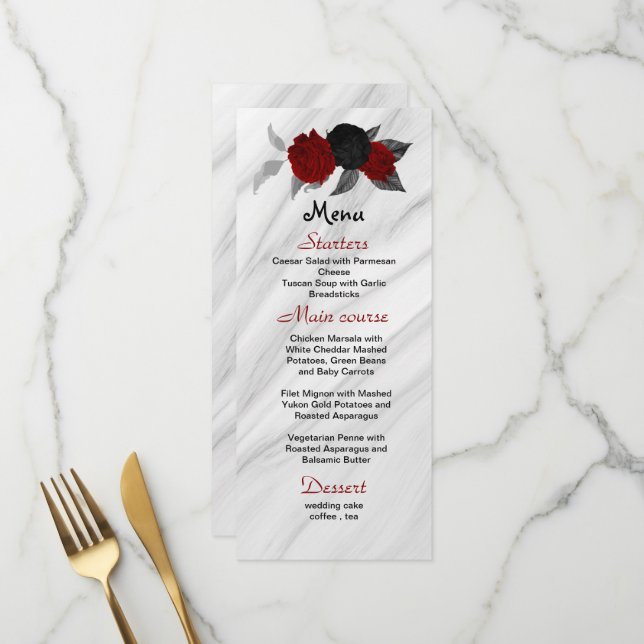 Rote und schwarze Blume schöne Hochzeitskarte Menükarte (Vorderseite/Rückseite Beispiel)