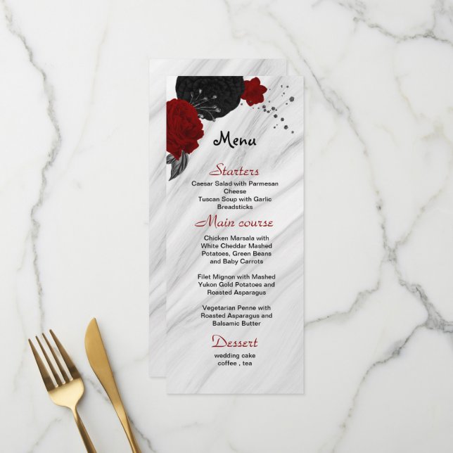 Rote und schwarze Blume schöne Hochzeitskarte Menükarte (Vorderseite/Rückseite Beispiel)